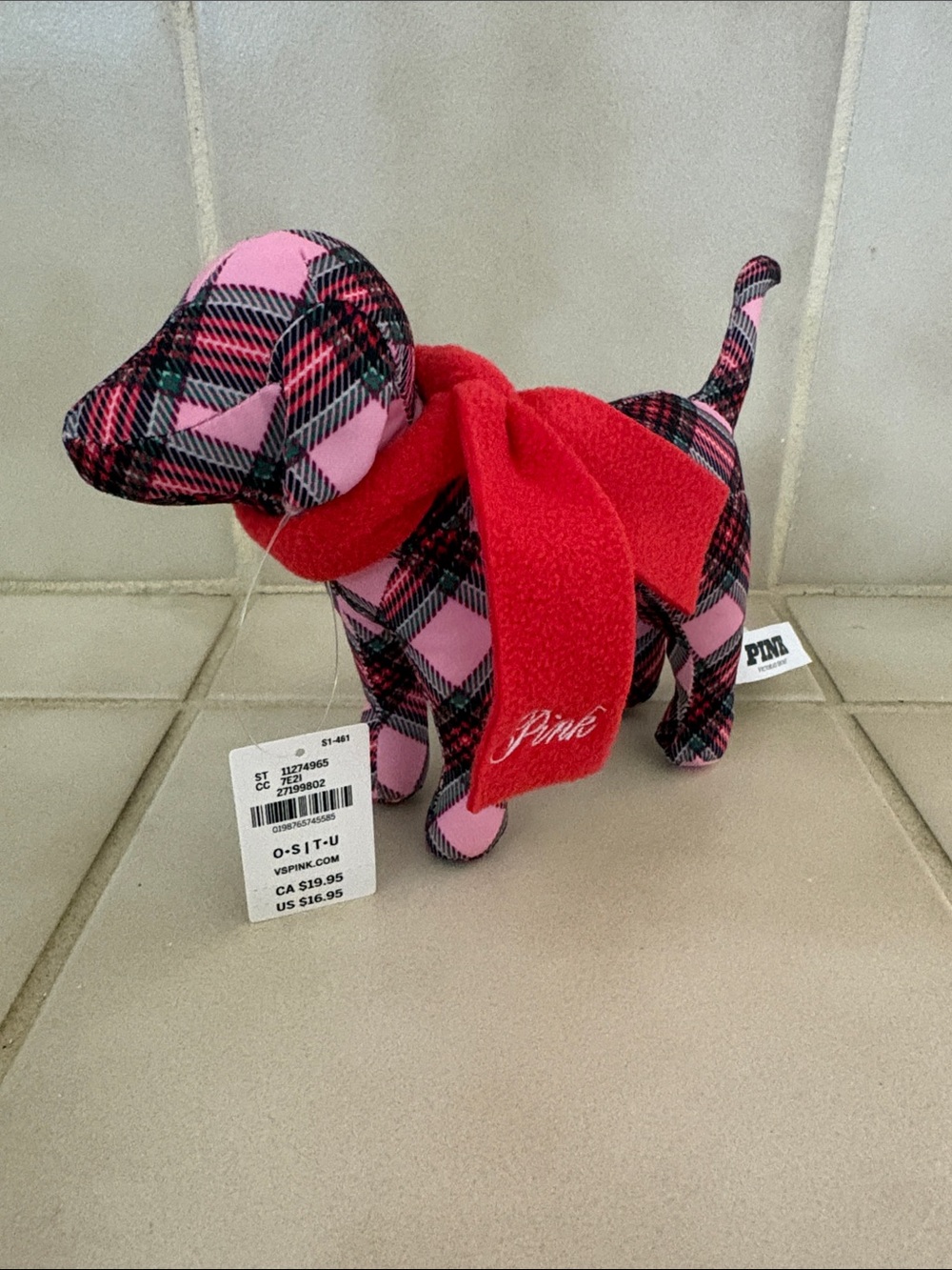 PINK Victoria's Secret Pink & Black Plaid Plush Dog with Red Scarf